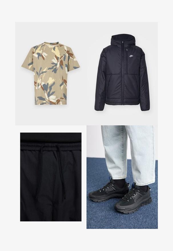 Svart, polstret Nike-jakke med frontglidelås og hette. Har en hvit logo på venstre bryst og doble frontlommer. Glatt ytterside.; Kortsleevet, rundhalset T-skjorte i beige med flerfarget blomstermønster i blått, gult og brunt. Myk stoff med en løs passform.; Sorte shorts med snor i livet, lett stoff med en jevn tekstur, og et enkelt design uten synlige logoer eller mønstre.; Svarte sportssko med teksturert stoff og gummisåler, med elastiske lisser og en blå detalj på hælen. Brukt med lyse denimbukser.