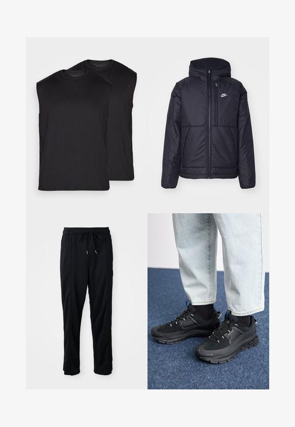 Zwarte, gewatteerde Nike-jas met een voorkant met ritssluiting en capuchon. Kenmerkt zich door een wit logo op de linkerborst en dubbele frontzakken. Gladde buitenkant.; Zwarte mouwloze t-shirts in paren getoond, gemaakt van een gladde stof. Ronde hals en schone randen zonder zichtbare patronen of hardware.; Zwarte casual broek met koord in de taille, met zijzakken en rechte pijpen op een effen achtergrond.; Zwarte sportschoenen met gestructureerde stof en rubberen zolen, met elastische veters en een blauwe accent op de hiel. Draag samen met lichte spijkerbroeken.