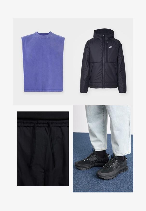 Giacca Nike nera, imbottita, con zip frontale e cappuccio. Presenta un logo bianco sul lato sinistro del petto e doppie tasche frontali. Texture esterna liscia.; Top viola senza maniche realizzato in morbido cotone. Caratterizzato da un collo rotondo e una vestibilità morbida, con una consistenza leggermente sbiadita e orlo pulito.; Shorts neri con vita regolabile tramite coulisse, tessuto leggero con una texture liscia e un design semplice senza loghi o motivi visibili.; Scarpe sportive nere con tessuto testurizzato e suole in gomma, dotate di lacci elastici e un accento blu sul tallone. Indossate con pantaloni in denim chiaro.