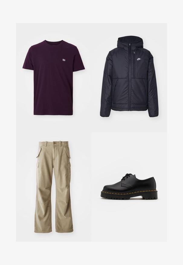 Schwarze, gepolsterte Nike-Jacke mit Frontreißverschluss und Kapuze. Hat ein weißes Logo auf der linken Brust und zwei Fronttaschen. Glattes äußeres Material.; Dunkellila Baumwoll-T-Shirt mit kurzen Ärmeln, Rundhalsausschnitt und kleinem weißen Logo auf der linken Brust. Weiche, glatte Textur.; Beige Cargo-Hose aus strapazierfähigem Material, mit lockerer Passform, mehreren Seitentaschen und verstärkten Knien. Flach geschnittenes Design.; Schwarze Leder Schnürschuhe mit runder Spitze, strukturiertem Gummisohle und gelben Nähten um den Rand. Flaches Design und glatte Oberfläche.