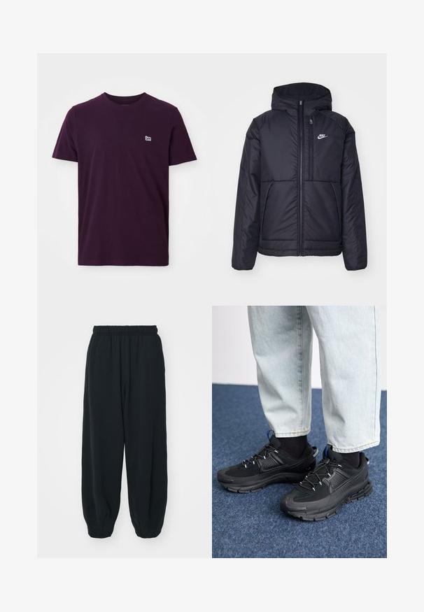 Jachetă Nike neagră, căptușită, cu fermoar pe față și glugă. Prezintă un logo alb pe pieptul stâng și două buzunare frontale. Textură exterioară netedă.; Tricou din bumbac violet închis, cu mâneci scurte, decolteu rotund și un mic logo alb pe jumatatea stângă a pieptului. Textură moale și netedă.; Pantaloni de trening negri, cu talie elastică, cu o croială lejeră, la baza pantaloni fiind strânși, având o textură netedă și fără modele sau accente metalice vizibile.; Pantofi sport negri, cu țesătură texturată și tălpi din cauciuc, având șireturi elastice și un accent albastru pe toc. Purtați cu pantaloni din denim deschis.