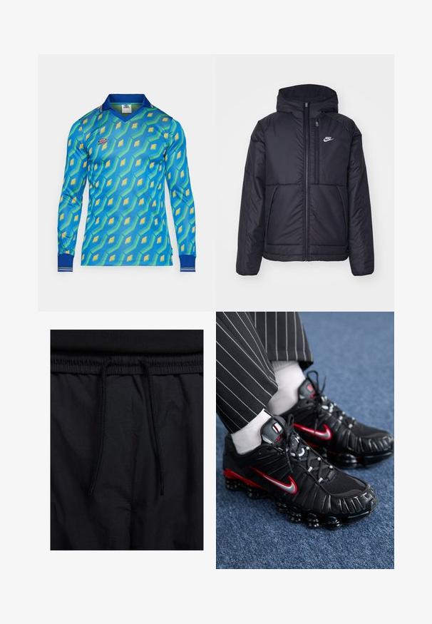 Musta, pehmustettu Nike-takki, jossa on etuvetoketju ja huppu. Vasemmassa rinnassa on valkoinen logo ja takissa on kaksinkertaiset etutaskut. Pintakoe on sileä.; Pitkähihaisen sinisen paidan, jossa on geometrista kuviota vihreillä ja keltaisilla yksityiskohdilla. Ribbaustettu kaulus ja hihansuut, joissa on raidalliset yksityiskohdat.; Mustat shortsit, joissa on naru vyötäröllä, kevyestä kankaasta valmistettu, sileä tekstuuri ja yksinkertainen muotoilu ilman näkyviä logoja tai kuvioita.; Mustat urheilukengät, joissa on punaisia ja hopeisia yksityiskohtia, verkkomateriaalia ja teksturoitua synteettistä materiaalia, nauhaketju ja näkyvä pehmustettu pohja.