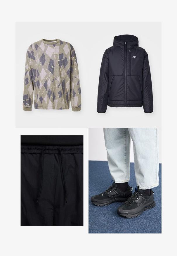 Jachetă Nike neagră, căptușită, cu fermoar pe față și glugă. Prezintă un logo alb pe pieptul stâng și două buzunare frontale. Textură exterioară netedă.; Sweatshirt cu mânecă lungă dintr-un material gri texturat, prezentând un model geometric de diamante în nuanțe de violet deschis și albastru marin, cu accente metalice galbene.; Șorturi negre cu un brâu reglabil, dintr-un material ușor cu o textură netedă și un design simplu, fără logo-uri sau modele vizibile.; Pantofi sport negri, cu țesătură texturată și tălpi din cauciuc, având șireturi elastice și un accent albastru pe toc. Purtați cu pantaloni din denim deschis.