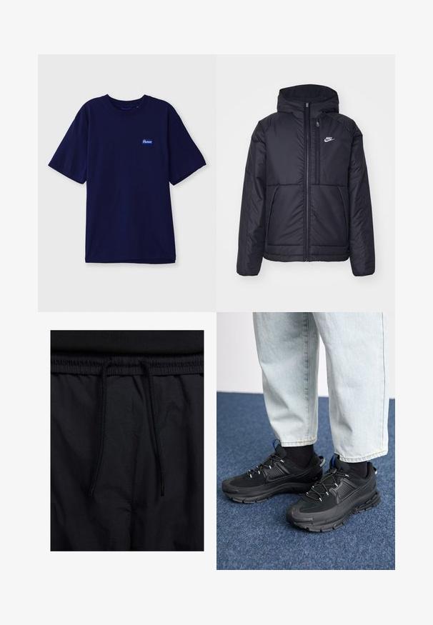 Casaco Nike preto, acolchoado, com fecho à frente e capuz. Apresenta um logo branco no lado esquerdo do peito e dois bolsos frontais. Textura exterior lisa.; T-shirt de algodão azul-marinho com decote redondo, mangas curtas e uma pequena etiqueta retangular da marca em azul e branco no lado esquerdo do peito.; Calções pretos com um cós elástico ajustável, fabricados em tecido leve com uma textura suave e um design simples, sem logótipos ou padrões visíveis.; Sapatilhas desportivas pretas com tecido texturizado e solas em borracha, apresentando atacadores elásticos e um detalhe azul no calcanhar. Usadas com calças de ganga claras.