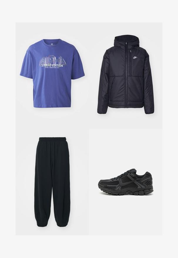 Must musta Nike jope, millel on ees lukuga avamine ja kapuuts. Vasakpoolne rind on kaunistatud valge logoga ning ees on kaks taskut. Sile välimine tekstuur.; Lilla puuvillane T-särk, millel on lõdvestunud istuvus, ümmargune kaelus ja graafiline trükk, mis sisaldab julgeid tähti "ALPHA STUDIO EDITION".; Mustade elastse vöökoha ja laia lõikega dressipüksid, mansetiga sääred, sile tekstuur ning ilma nähtavate mustrite või detailideta.; Musta spordijalats, millel on võrgust ülemine osa, kummist tallad ja tekstureeritud detailid. Disain sisaldab silmapaistvat lõngasüsteemi ja pehmendatud tallaid.