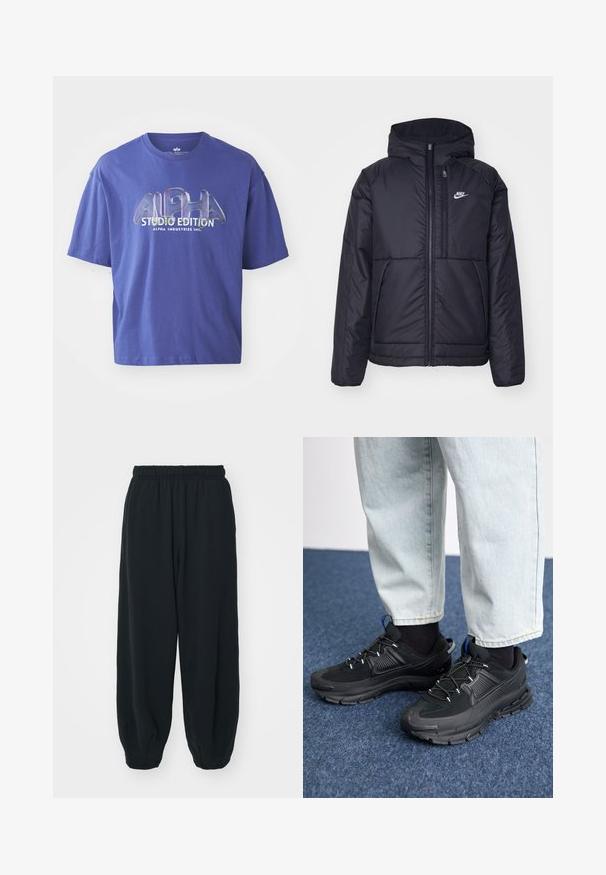 Juodas, paminkštintas Nike džemperis su priekyje užtrauktuku ir gobtuvu. Pasižymi balta logo kairėje krūtinės pusėje ir dviem priekinėmis kišenėmis. Su lygiu išoriniu paviršiumi.; Violet medvilninis marškinėliai su laisvu kirpimu, apvaliu iškirpimu ir grafiniu spaudiniu, kuriame didžiosiomis raidėmis užrašyta "ALPHA STUDIO EDITION".; Juodi, su elastiniu juosmeniu sportiniai kelnės su laisvu siluetu, suapvalintais kulkšnimis, lygia tekstūra ir be matomų raštų ar metalinių akcentų.; Juodi sportiniai bateliai su tekstūruota medžiaga ir guminiais padais, su elastingomis raišteliais ir mėlynu akcentu ant kulno. Dėvimi su šviesiai mėlynomis džinsinėmis kelnėmis.