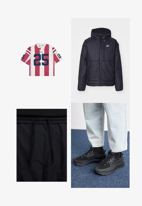 Sort, polstret Nike-jakke med frontlynlås og hætte. Har et hvidt logo på venstre bryst og to frontlommer. Glat ydre tekstur.; Rød og hvid stribet kortærmet trøje med blåt nummer "25," mesh-stof, V-hals og kontrasterende skulderstriber.; Sorte shorts med snoretræk i taljen, letvægtsstof med en glat tekstur og et simpelt design uden synlige logoer eller mønstre.; Sorte træningssko med tekstureret stof og gummisåler, udstyret med elastiske snørebånd og en blå detalje på hælen. Bæres med lyse denimbukser.