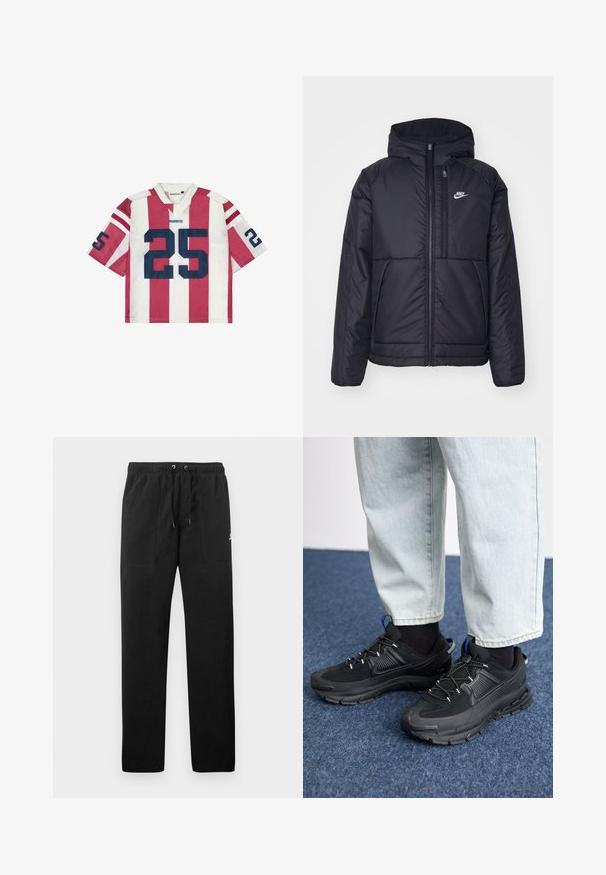 Sort, polstret Nike-jakke med frontlynlås og hætte. Har et hvidt logo på venstre bryst og to frontlommer. Glat ydre tekstur.; Rød og hvid stribet kortærmet trøje med blåt nummer "25," mesh-stof, V-hals og kontrasterende skulderstriber.; Sorte sweatpants lavet af fleece, med en elastisk talje med snore, to frontlommer og et lille logo på låret.; Sorte træningssko med tekstureret stof og gummisåler, udstyret med elastiske snørebånd og en blå detalje på hælen. Bæres med lyse denimbukser.