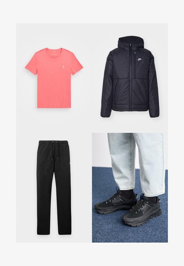 Melna, pufota Nike jaka ar priekšējo rāvējslēdzēju un kapuci. Iezīmēta ar baltu logotipu uz kreisās krūtis un divām priekšējām kabatām. Gluda ārējā tekstūra.; Īsām piedurknēm, apaļās kakla T-krekls korallkrāsā, izgatavots no kokvilnas ar gludu tekstūru, ar mazu baltu logotipu kreisajā krūtī.; Melnas sporta bikses, izgatavotas no flīsa, ar elastīgu jostasviedi un auklām, diviem priekšējiem kabatām un nelielu logo uz augšstilba.; Melni sporta apavi ar strukturētu audumu un gumijas zoli, ar elastīgām auklām un zilu akcentu uz papēža. Nēsāti ar gaišām džinsu biksēm.