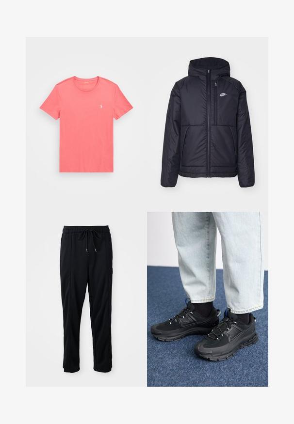Svart, vadderad Nike-jacka med dragkedja framtill och huva. Har en vit logotyp på vänster bröst och dubbla framfickor. Slät yttextur.; Kortärmad t-shirt med rundad nacke i korallfärg, tillverkad av bomull med en mjuk textur, med en liten vit logotyp på vänster bröst.; Svarta byxor med dragsko i midjan, avslappnad stil, med sidfickor och rak benklippning på en plain bakgrund.; Svarta sportskor med texturerat tyg och gummisulor, med elastiska snörningar och en blå detalj på hälen. Bärs med ljusa jeans.