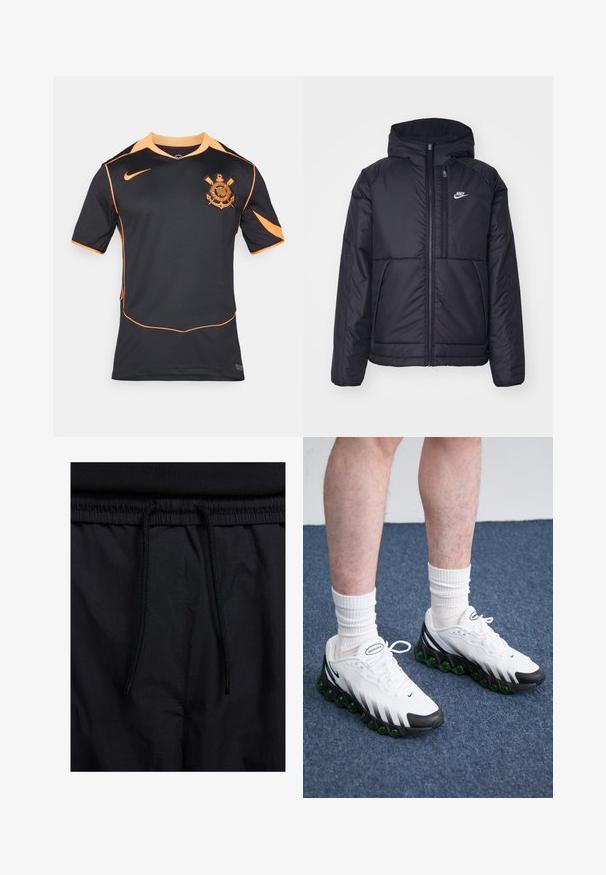 Črna, podložena Nike jakna z sprednjim zadrgo in kapuco. Ima bel logo na levem prsnem delu in dvojna sprednja žepa. Gladka zunanja tekstura.; Črna atletska majica s kratkimi rokavi, s poudarki v oranžni barvi in logotipom na levem prsnem košu. Narejena iz zračnega blaga.; Črne kratke hlače z vrvico v pasu, lahkotna tkanina z gladko teksturo in preprosto zasnovo brez vidnih logotipov ali vzorcev.; Bele športne čevlje z črnimi poudarki in zelenim oblazinjenjem. Imajo strukturirano zgornji del, zavezovanje na vezalke in vidno blagovno znamko.