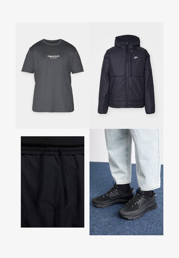 Must musta Nike jope, millel on ees lukuga avamine ja kapuuts. Vasakpoolne rind on kaunistatud valge logoga ning ees on kaks taskut. Sile välimine tekstuur.; Jack & Jones JORVESTERBRO TEE CREW NECK - Trükipildiga T-särk - forest river; Mustad lühikesed püksid, millel on paelaga vöökoht, kerge kangas, mis on sileda tekstuuriga ning lihtne disain ilma nähtavate logode või mustriteta.; Mustad mustad jooksukingad, millel on tekstureeritud kangas ja kummist tallad, elastsed nöörid ning sinine aksent kandadel. Kandmine heledate teksadega.