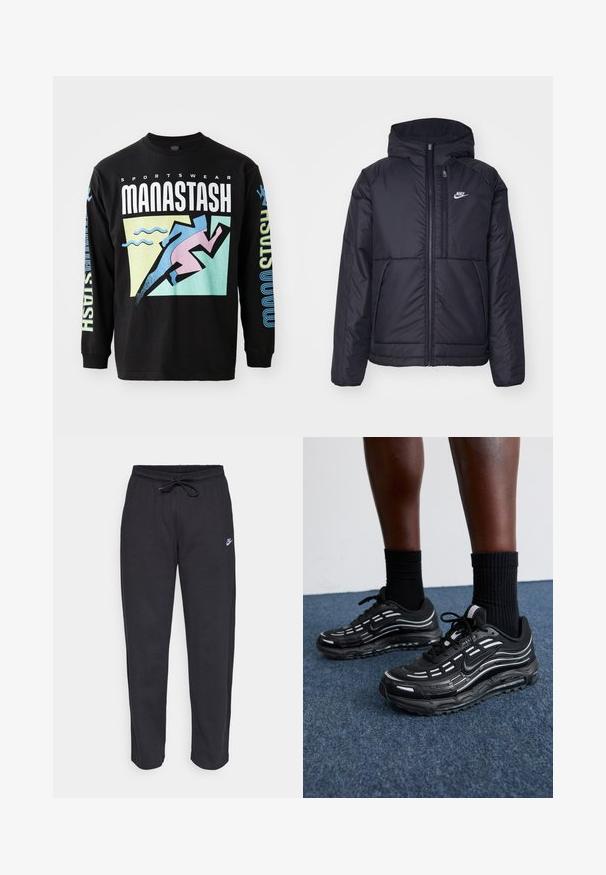 Juodas, paminkštintas Nike džemperis su priekyje užtrauktuku ir gobtuvu. Pasižymi balta logo kairėje krūtinės pusėje ir dviem priekinėmis kišenėmis. Su lygiu išoriniu paviršiumi.; Juodas ilgas rankovėmis marškinėliai su grafiniu dizainu, vaizduojančiu rožinį bėgiką, geometriškas formas ir tekstą baltos ir mėlynos spalvų, pagaminti iš medvilnės.; Juodos sportinės kelnės, pagamintos iš minkštos medžiagos, su elastinga juostele, raišteliu ir mažuoju Nike logotipu kairiajame šlaunyje.; Juodi Nike batai turi orui pralaidžią viršutinę dalį su akcento juostelėmis, tekstūruotais raišteliais ir juodu guminio pado. Dėvimi su juodais šonkauliniais sokais.
