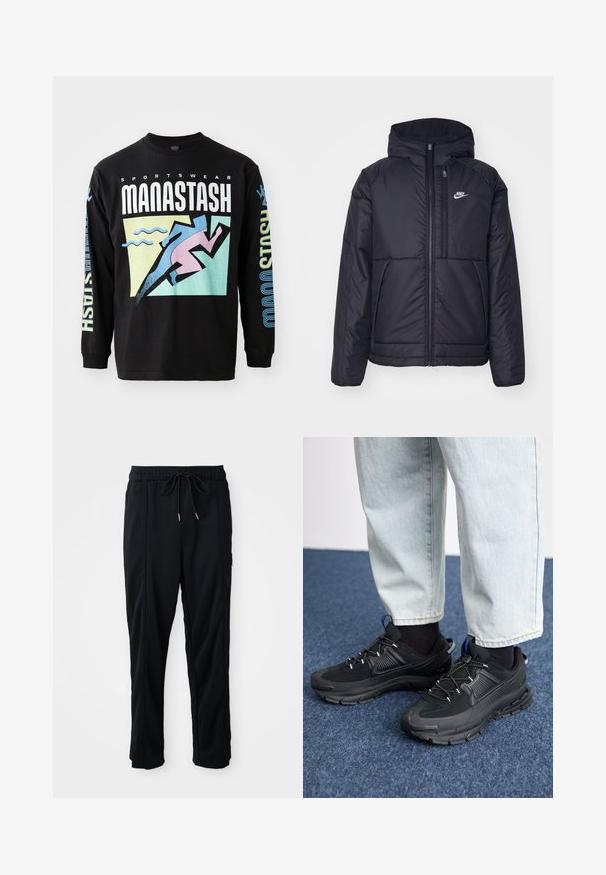 Jachetă Nike neagră, căptușită, cu fermoar pe față și glugă. Prezintă un logo alb pe pieptul stâng și două buzunare frontale. Textură exterioară netedă.; Tricou negru cu mânecă lungă, prezentând un design grafic cu un alergător în roz, forme geometrice și text în alb și albastru, făcut din bumbac.; Pantaloni casual negri cu șnur la talie, cu buzunare laterale și croială dreaptă, pe un fundal simplu.; Pantofi sport negri, cu țesătură texturată și tălpi din cauciuc, având șireturi elastice și un accent albastru pe toc. Purtați cu pantaloni din denim deschis.
