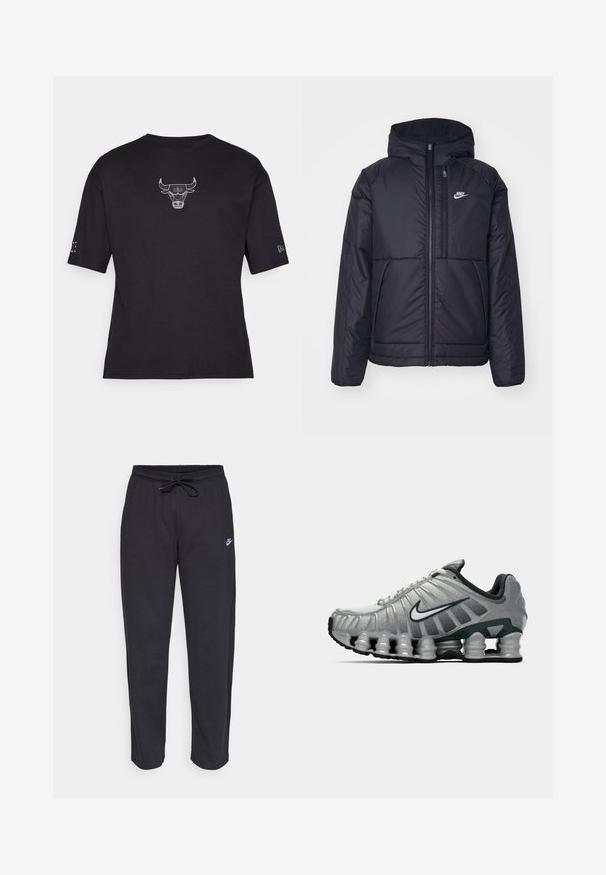 Juodas, paminkštintas Nike džemperis su priekyje užtrauktuku ir gobtuvu. Pasižymi balta logo kairėje krūtinės pusėje ir dviem priekinėmis kišenėmis. Su lygiu išoriniu paviršiumi.; Juodas trumpas rankovės marškinėliai su raukšlėta tekstūra, su baltu išsiuvinėtu buliuko logotipu krūtinėje ir mažu akcentu ant rankovės.; Juodos sportinės kelnės, pagamintos iš minkštos medžiagos, su elastinga juostele, raišteliu ir mažuoju Nike logotipu kairiajame šlaunyje.; Pilkai juodas Nike bėgimo batas su matomu pavasario tipo amortizacija po padu ir baltu swoosh logotipu šone.