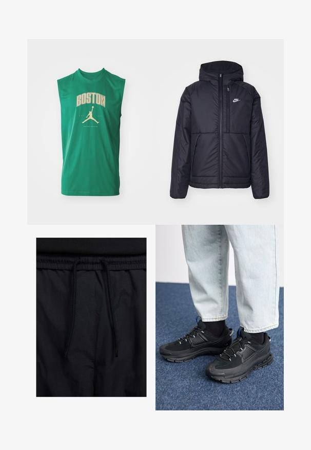 Fekete, párnázott Nike dzseki elülső cipzárral és kapucnival. A bal mellen fehér logó található, valamint két elülső zseb. Simának tűnő külső felület.; Zöld, ujjatlan sportpóló, amelyen arany színnel szerepel a "BOSTON" felirat, valamint egy kosárlabda sziluett logo. Sima anyag, laza fazon.; Fekete rövidnadrág, húzózsinórral ellátott derékrésszel, könnyű anyagból, sima felszínen, egyszerű dizájnnal, látható logók vagy minták nélkül.; Fekete sportcipők texturált anyaggal és gumitalppal, elasztikus fűzőkkel és kék kiegészítővel a saroknál. Világos farmernadrággal viselve.