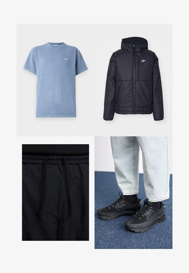 Svart, polstret Nike-jakke med frontglidelås og hette. Har en hvit logo på venstre bryst og doble frontlommer. Glatt ytterside.; Lys blå bomull T-skjorte med rund hals, korte ermer og en liten hvit logo "obey" på venstre brystområde. Smoother tekstur.; Sorte shorts med snor i livet, lett stoff med en jevn tekstur, og et enkelt design uten synlige logoer eller mønstre.; Svarte sportssko med teksturert stoff og gummisåler, med elastiske lisser og en blå detalj på hælen. Brukt med lyse denimbukser.