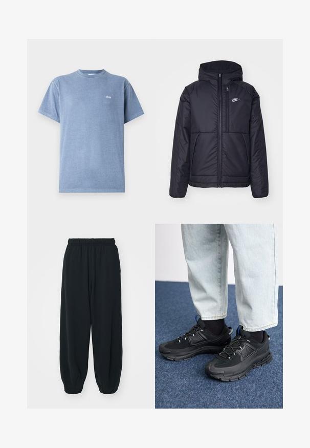 Čierna, polstrovaná bunda Nike so zipsom vpredu a kapucňou. Na ľavej strane hrude sa nachádza biele logo a sú tu dva predné vrecká. Hladký vonkajší povrch.; Světle modré bavlněné tričko s kulatým výstřihem, krátkými rukávy a malým bílým logem "obey" na levé části hrudi. Hladká textura.; Čierne tepláky s elastickým pásom, vo voľnom strihu, s manžetami na členkoch, hladkej textúry a bez viditeľných vzorov alebo kovových doplnkov.; Čierne športové topánky s textúrovanou tkaninou a gumovou podrážkou, so elastickými šnúrkami a modrým akcentom na päte. Nosia sa s svetlými riflami.
