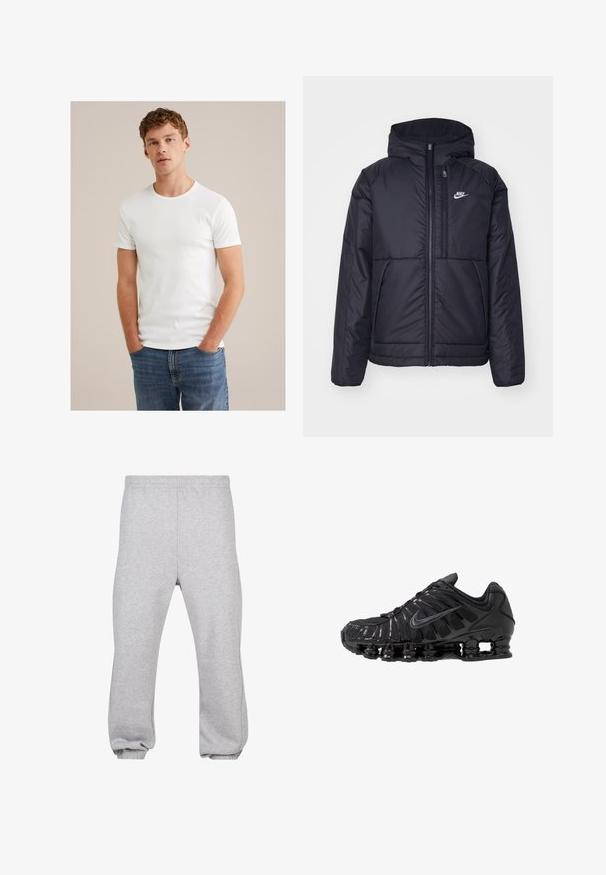 Černá zateplená bunda Nike s předním zipem a kapucí. Na levé straně hrudi má bílé logo a dvojité přední kapsy. Hladký povrch.; Mladý muž s krátkými vroubkovanými vlasy, oblečený v jednoduchém bílém tričku s krátkým rukávem a modrých džínech, stojící s rukama v kapsách.; Šedé tepláky vyrobené z bavlněné směsi, s elastickým pasem, zúženými nohavicemi a manžetami na koncích. Jednoduchý design bez vzorů.; Černé sportovní boty z mesh a syntetických materiálů, s výrazným vlnitým designem, černou gumovou podrážkou a reflexními prvky.