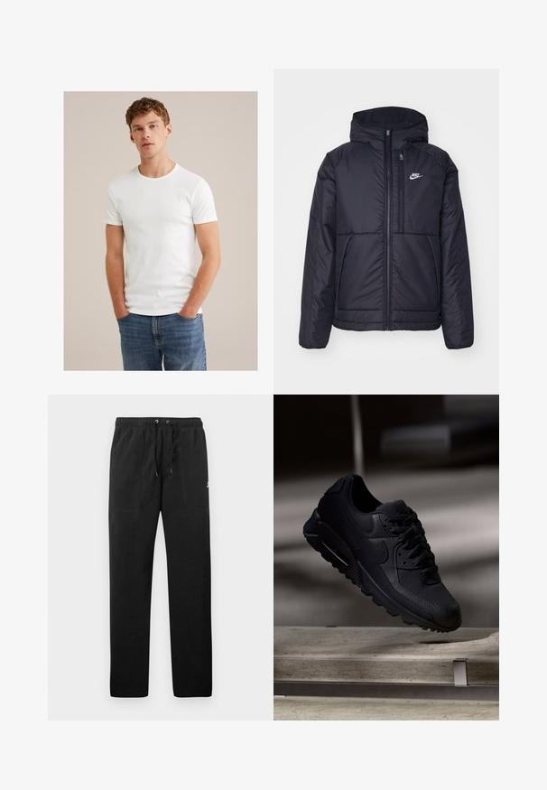 Juodas, paminkštintas Nike džemperis su priekyje užtrauktuku ir gobtuvu. Pasižymi balta logo kairėje krūtinės pusėje ir dviem priekinėmis kišenėmis. Su lygiu išoriniu paviršiumi.; Jaunas vyras su trumpais garbanotais plaukais, vilkintis paprastą baltą trumpomis rankovėmis marškinėlį ir mėlynus džinsus, stovi su rankomis kišenėse.; Juodos vilnonės kelnės su elastiniu juosmeniu ir raišteliais, dviem priekinėmis kišenėmis ir maža slogo ant šlaunies.; Juodi Nike Air Max 90 kedai su tekstūruotu tinkliniu paviršiumi, lygaus odos akcentais, paminkštintu apvadu ir matoma oro pagalve padu.