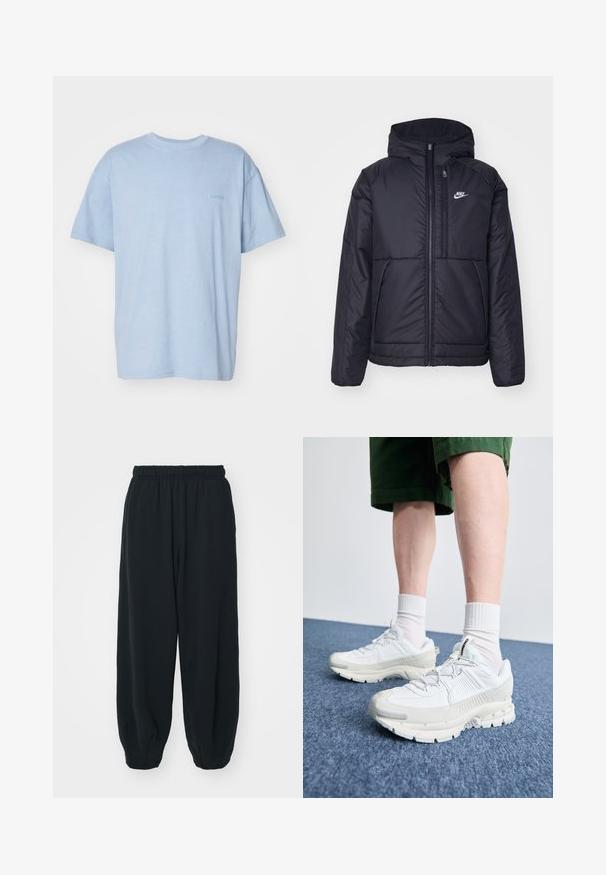 Svart, vadderad Nike-jacka med dragkedja framtill och huva. Har en vit logotyp på vänster bröst och dubbla framfickor. Slät yttextur.; Ljusblå bomulls t-shirt med korta ärmar, rundad hals och en liten broderad logotyp på framsidan. Mjuk textur, avslappnad passform.; Svarta, elastiska sweatpants med lös passform, mudd vid anklarna, slät textur och utan synliga mönster eller detaljer i metall.; Vita atletiska skor med texturerade överlägg, en tjock sula och grå accenter. Bärs med vita strumpor och gröna shorts på en blå yta.
