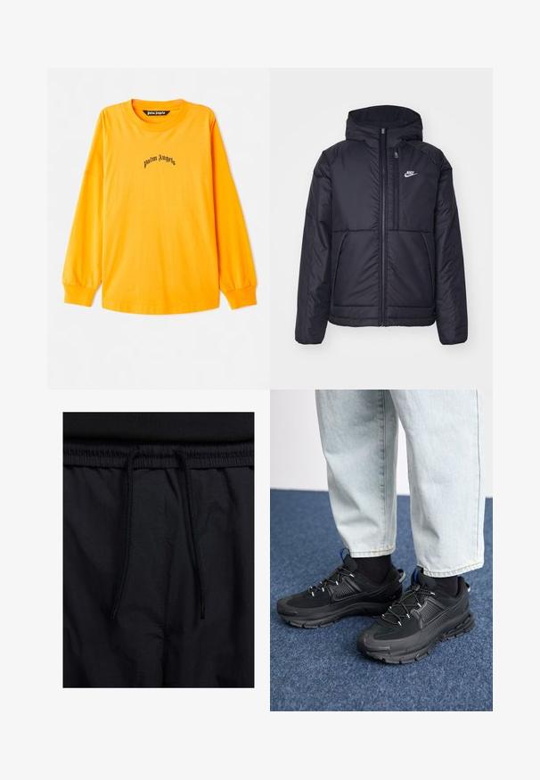 Black, padded Nike jacket with a front zipper and hood. Features a white logo on the left chest and dual front pockets. Smooth exterior texture.; Long-sleeve, bright yellow t-shirt made of cotton. Features a black "palm angels" logo centered on the chest. Simple, relaxed fit.; Black shorts featuring a drawstring waistband, lightweight fabric with a smooth texture, and a simple design without visible logos or patterns.; Black athletic shoes with textured fabric and rubber soles, featuring elastic laces and a blue accent on the heel. Worn with light denim pants.