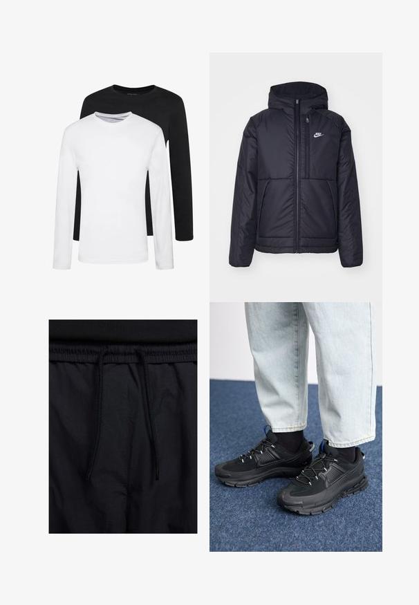 Black, padded Nike jacket with a front zipper and hood. Features a white logo on the left chest and dual front pockets. Smooth exterior texture.; Two long-sleeve shirts, one black and one white, made of cotton with crew necks and a smooth texture, displayed in a stacked arrangement.; Black shorts featuring a drawstring waistband, lightweight fabric with a smooth texture, and a simple design without visible logos or patterns.; Black athletic shoes with textured fabric and rubber soles, featuring elastic laces and a blue accent on the heel. Worn with light denim pants.