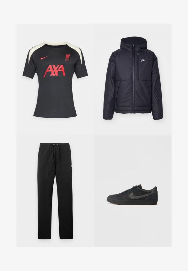 Sort, polstret Nike-jakke med frontlynlås og hætte. Har et hvidt logo på venstre bryst og to frontlommer. Glat ydre tekstur.; Sort fodboldtrøje med korte ærmer, der har beige skulderdetaljer. Forsiden viser rød "AXA" og Liverpool-mærket med en rød kant.; Sorte sweatpants lavet af fleece, med en elastisk talje med snore, to frontlommer og et lille logo på låret.; Sorte suedet sneakers med lav profil, gummisål, teksturerede sidepaneler og tonale Nike swoosh-logo. Snørelukning fortil, polstret krave.