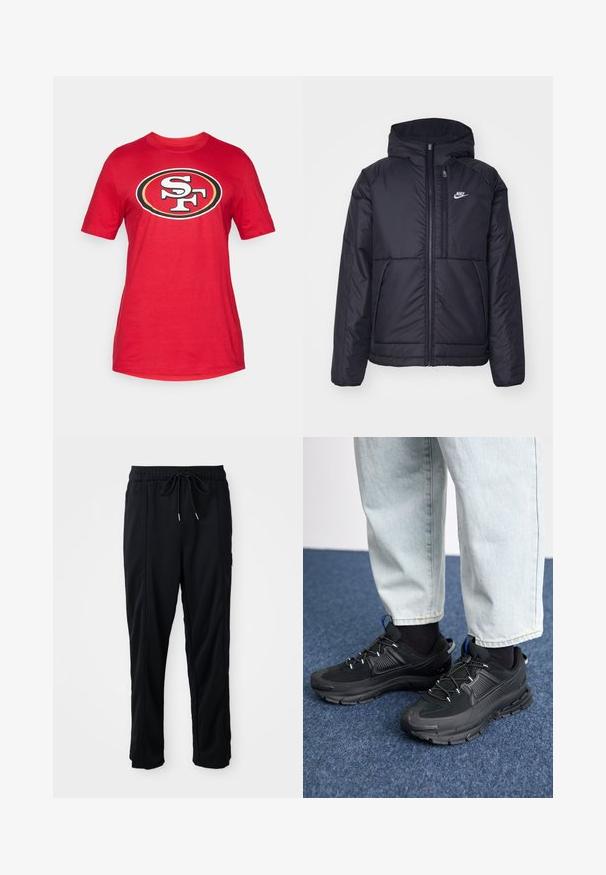 Svart, polstret Nike-jakke med frontglidelås og hette. Har en hvit logo på venstre bryst og doble frontlommer. Glatt ytterside.; Rød bomull T-skjorte med et stort sort-hvitt "SF"-logo innenfor en oval kontur. Korte ermer og rund halsringning.; Svarte casual bukser med strikk i livet, sidelommer og rett bein på en ensfarget bakgrunn.; Svarte sportssko med teksturert stoff og gummisåler, med elastiske lisser og en blå detalj på hælen. Brukt med lyse denimbukser.