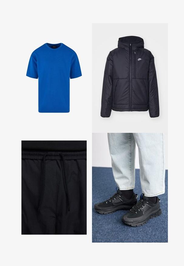Černá zateplená bunda Nike s předním zipem a kapucí. Na levé straně hrudi má bílé logo a dvojité přední kapsy. Hladký povrch.; Modré tričko s krátkým rukávem vyrobené z bavlny, s klasickým kulatým výstřihem a volným střihem. Hladká textura bez viditelných vzorů nebo akcentů.; Černé šortky s páskem na šňůrku, lehký materiál s hladkou texturou a jednoduchý design bez viditelných log nebo vzorů.; Černé sportovní boty s texturovanou tkaninou a gumovou podrážkou, s elastickými tkaničkami a modrým akcentem na patě. Nosí se s světlými džíny.