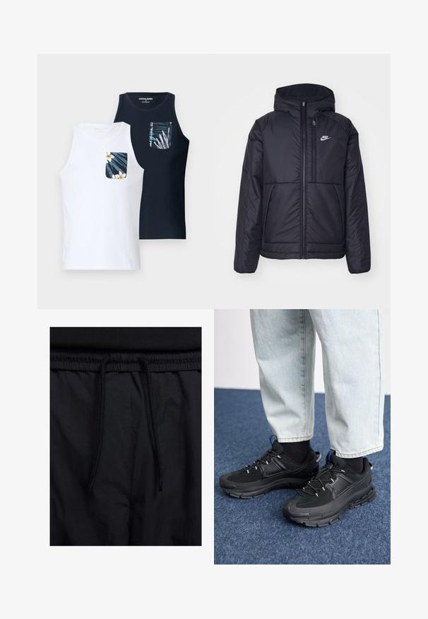 Casaco Nike preto, acolchoado, com fecho à frente e capuz. Apresenta um logo branco no lado esquerdo do peito e dois bolsos frontais. Textura exterior lisa.; Dois tops, um branco e um azul-marinho, cada um com um bolso estampado apresentando desenhos florais e detalhes azuis. Feitos de um tecido suave.; Calções pretos com um cós elástico ajustável, fabricados em tecido leve com uma textura suave e um design simples, sem logótipos ou padrões visíveis.; Sapatilhas desportivas pretas com tecido texturizado e solas em borracha, apresentando atacadores elásticos e um detalhe azul no calcanhar. Usadas com calças de ganga claras.