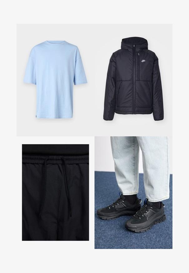Must musta Nike jope, millel on ees lukuga avamine ja kapuuts. Vasakpoolne rind on kaunistatud valge logoga ning ees on kaks taskut. Sile välimine tekstuur.; Heled sinine lühikeste varrukatega T-särk, mis on valmistatud pehmest puuvillast. Omab ümmargust kaelust ja vabalt langevat lõiget. Ilma nähtavate mustrite või aktsentideta.; Mustad lühikesed püksid, millel on paelaga vöökoht, kerge kangas, mis on sileda tekstuuriga ning lihtne disain ilma nähtavate logode või mustriteta.; Mustad mustad jooksukingad, millel on tekstureeritud kangas ja kummist tallad, elastsed nöörid ning sinine aksent kandadel. Kandmine heledate teksadega.