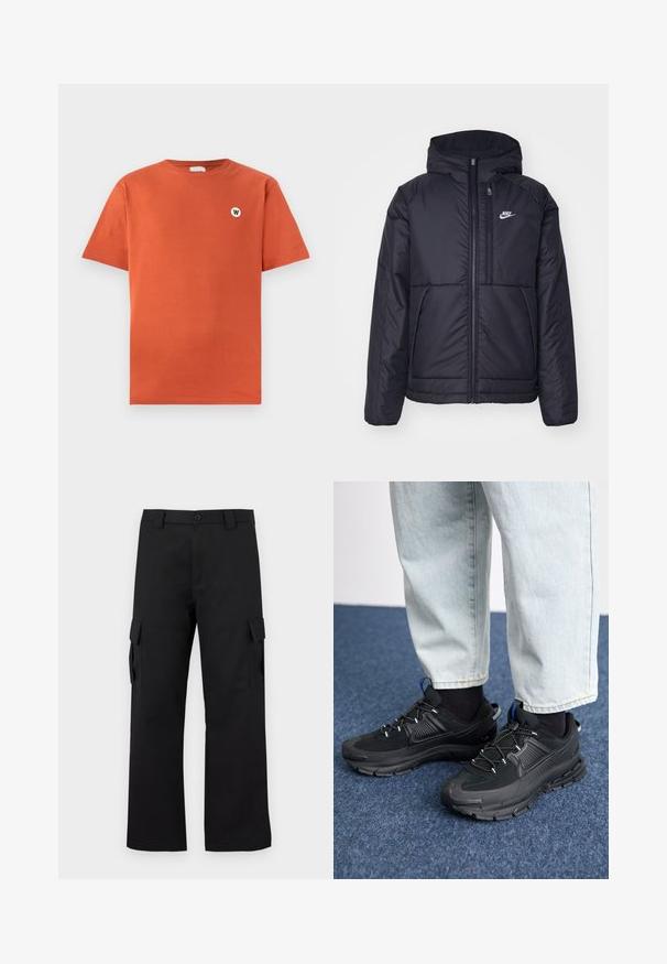 Crna Nike jakna s podstavom, dugmadi sprijeda i kapuljačom. Ima bijeli logotip na lijevoj strani prsnog koša i dva prednja džepa. Glatka vanjska tekstura.; Pamučna majica u izgorjelo narančastoj boji, standardnog kroja, okruglog izreza, kratkih rukava, s malim okruglim bijelim logotipom na prsima.; Crne cargo hlače ravnog kroja. Izrađene od izdržljivog materijala, s dva bočna džepa s preklopima i zaštitnim gumbom.; Crne atletske cipele s teksturiranom tkaninom i gumene potplate, s elastičnim vezicama i plavim akcentom na peti. Nosene su s svijetlim trapericama.