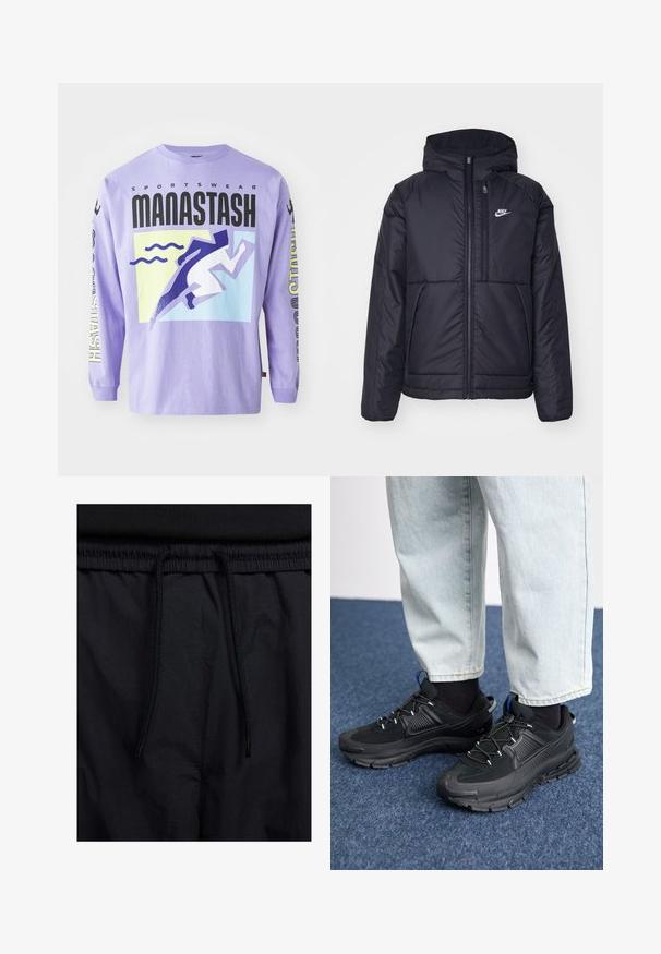 Crna Nike jakna s podstavom, dugmadi sprijeda i kapuljačom. Ima bijeli logotip na lijevoj strani prsnog koša i dva prednja džepa. Glatka vanjska tekstura.; Ljubičasta majica s dugim rukavima s grafičkim dizajnom koji sadrži stilizirane motive trkača i valova. Materijal: pamuk. Tekst uključuje "SPORTSWEAR MANASTASH."; Crne kratke hlače s pojasom na vezanje, lagani materijal s glatkom teksturom i jednostavan dizajn bez vidljivih logotipa ili uzoraka.; Crne atletske cipele s teksturiranom tkaninom i gumene potplate, s elastičnim vezicama i plavim akcentom na peti. Nosene su s svijetlim trapericama.