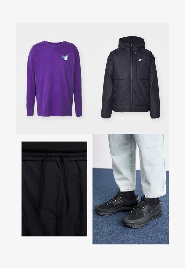 Schwarze, gepolsterte Nike-Jacke mit Frontreißverschluss und Kapuze. Hat ein weißes Logo auf der linken Brust und zwei Fronttaschen. Glattes äußeres Material.; Lila Langarm-T-Shirt aus Baumwolle, mit einem türkisfarbenen Nike-Logo und geometrischen Details auf der linken Brustseite. Glatte Textur.; Schwarze Shorts mit einem Kordelzugbund, leichtem Stoff mit glatter Textur und einem schlichten Design ohne sichtbare Logos oder Muster.; Schwarze Sportschuhe aus strukturiertem Stoff mit Gummisohlen, ausgestattet mit elastischen Schnürsenkeln und einem blauen Akzent an der Ferse. Getragen mit hellen Jeans.