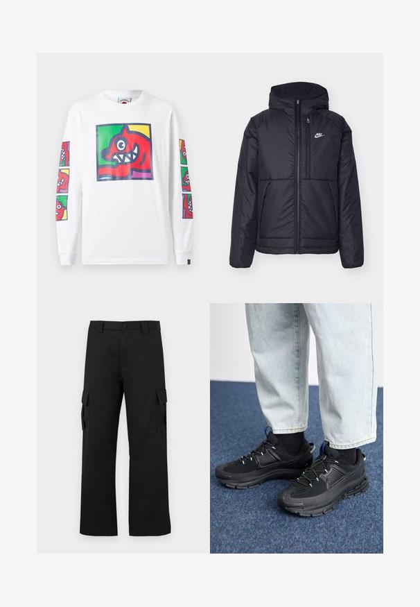 Črna, podložena Nike jakna z sprednjim zadrgo in kapuco. Ima bel logo na levem prsnem delu in dvojna sprednja žepa. Gladka zunanja tekstura.; Bela majica s dolgimi rokavi, ki vsebuje barvite grafične natiske rdeče bitja z ostrimi zobmi spredaj in na rokavih, narejena iz bombaža.; Črne cargo hlače s ravnim krojem. Narejene so iz trpežnega materiala in imajo dve stranski žepi s poklopcem ter gumbasto zaponko.; Črne športne čevlje z teksturirano tkanino in gumijastimi podplati, ki imajo elastične vezalke ter modre poudarke na peti. Nosi se z lahkimi denim hlačami.