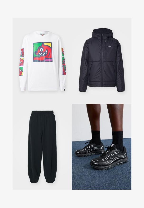 Svart, polstret Nike-jakke med frontglidelås og hette. Har en hvit logo på venstre bryst og doble frontlommer. Glatt ytterside.; Langermet hvit T-skjorte med fargerike grafiske trykk av en rød skapning med skarpe tenner på fronten og ermene, laget av bomull.; Sorte, joggebukser med elastisk liv, løs passform, mansjetter på ankler, glatt tekstur og uten synlige mønstre eller hardware-detaljer.; Sorte Nike-sko har en mesh-overdel med aksentstriper, teksturert snøring og en svart gummisåle. Brukt med svarte ribbede sokker.