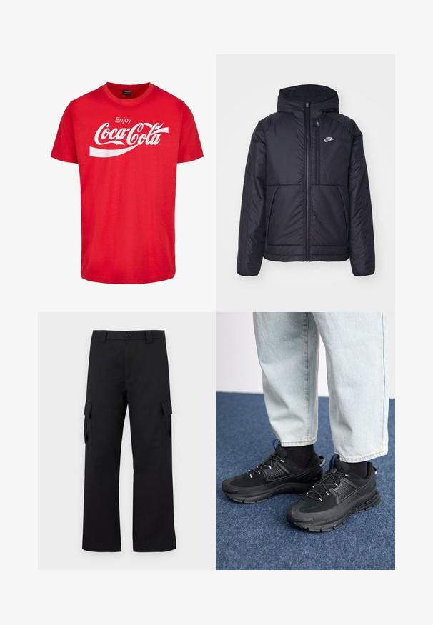 Fekete, párnázott Nike dzseki elülső cipzárral és kapucnival. A bal mellen fehér logó található, valamint két elülső zseb. Simának tűnő külső felület.; Piros pamut póló rövid ujjakkal, fehér "Coca-Cola" logóval és hullámos mintázattal a mellen. Klasszikus kerek nyakú fazon.; Fekete cargo nadrág egyenes szárú kialakítással. Tartós anyagból készült, két oldalzsebbel, tépőzáras fedéllel és gombos zipzárral.; Fekete sportcipők texturált anyaggal és gumitalppal, elasztikus fűzőkkel és kék kiegészítővel a saroknál. Világos farmernadrággal viselve.