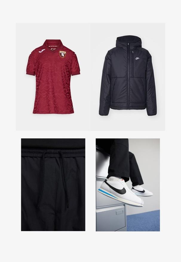 Musta, pehmustettu Nike-takki, jossa on etuvetoketju ja huppu. Vasemmassa rinnassa on valkoinen logo ja takissa on kaksinkertaiset etutaskut. Pintakoe on sileä.; Punainen paita, jossa on hienovarainen tekstuurikuvio, klassinen kaulus ja Torino FC -logo rinnassa. Lyhyet hihat ja hengittävä kangas.; Mustat shortsit, joissa on naru vyötäröllä, kevyestä kankaasta valmistettu, sileä tekstuuri ja yksinkertainen muotoilu ilman näkyviä logoja tai kuvioita.; Valkoiset nahkakengät, joissa on musta Nike-logomerkki, vaaleansininen ja harmaa kumipohja sekä klassinen nauhakiinnitys. Jalat lepäävät asiakirjakaapilla.
