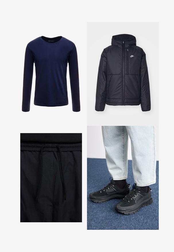Svart, vadderad Nike-jacka med dragkedja framtill och huva. Har en vit logotyp på vänster bröst och dubbla framfickor. Slät yttextur.; Mörkblå långärmad T-shirt i mjuk bomull, med en klassisk rund halsringning och en slät yta utan synliga mönster eller accenter.; Svarta shorts med dragsko i midjan, lättviktig tyg med en slät yta och en enkel design utan synliga logotyper eller mönster.; Svarta sportskor med texturerat tyg och gummisulor, med elastiska snörningar och en blå detalj på hälen. Bärs med ljusa jeans.
