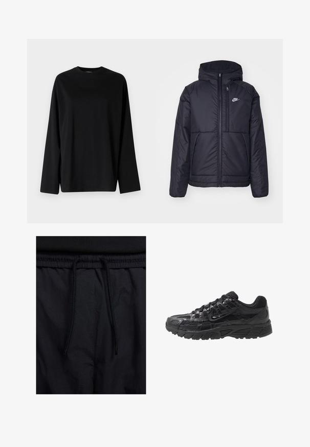 Črna, podložena Nike jakna z sprednjim zadrgo in kapuco. Ima bel logo na levem prsnem delu in dvojna sprednja žepa. Gladka zunanja tekstura.; Weekday OVERSIZED LONG SLEEVE - Majica z dolgimi rokavi - black; Črne kratke hlače z vrvico v pasu, lahkotna tkanina z gladko teksturo in preprosto zasnovo brez vidnih logotipov ali vzorcev.; Črne športne čevlje z mrežasto in sintetično zgornjo plastjo, teksturirano površino, vezalnim dizajnom in vzorčastim gumijastim podplatom za oprijem.