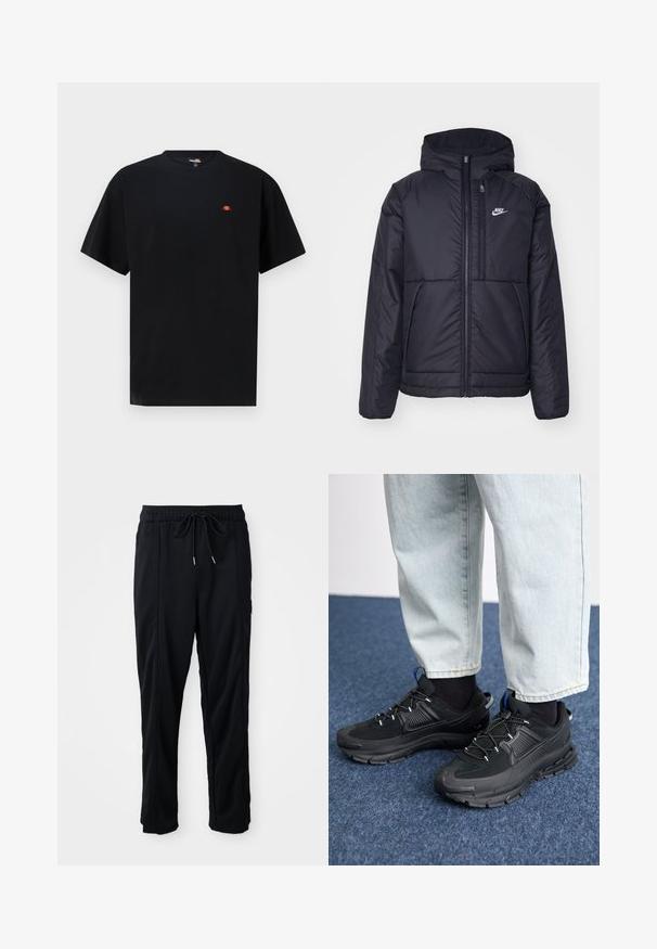 Melna, pufota Nike jaka ar priekšējo rāvējslēdzēju un kapuci. Iezīmēta ar baltu logotipu uz kreisās krūtis un divām priekšējām kabatām. Gluda ārējā tekstūra.; Melnā īsām piedurknēm T-kreklā, kas izgatavots no kokvilnas, aprīkots ar apaļu kakla izgriezumu un nelielu, krāsainu logo kreisajā krūtī.; Melnas bikses ar aukliņu jostas vietā, ar sānu kabatām un taisnu kāju griezumu uz vienkrāsaina fona.; Melni sporta apavi ar strukturētu audumu un gumijas zoli, ar elastīgām auklām un zilu akcentu uz papēža. Nēsāti ar gaišām džinsu biksēm.