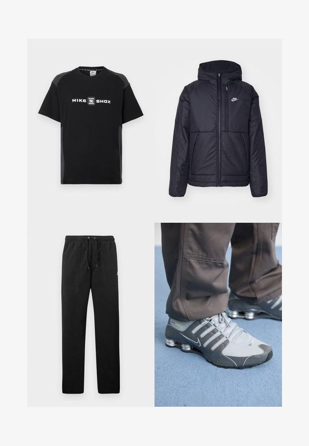 Černá zateplená bunda Nike s předním zipem a kapucí. Na levé straně hrudi má bílé logo a dvojité přední kapsy. Hladký povrch.; Černé tričko Nike Shox s krátkými rukávy, na přední straně s reflexním logem a kontrastními šedými bočními panely. Hladká textura.; Černé teplákové kalhoty vyrobené z fleecu, s elastickým pasem a šňůrkami, dvěma předními kapsami a malým logem na stehně.; Šedé a stříbrné tenisky Nike Shox mají elegantní design, s použitím síťoviny a syntetických materiálů, zaoblenou špičku a polstrovaný límec.