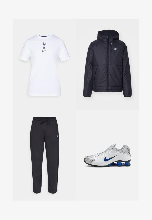 Črna, podložena Nike jakna z sprednjim zadrgo in kapuco. Ima bel logo na levem prsnem delu in dvojna sprednja žepa. Gladka zunanja tekstura.; Bela bomba majica s okruglim izrezom, s mornarsko plavim grafikonom petelina na nogometnoj lopti i Nike logotipom ispod.; Črne trenirke iz mehkega materiala z elastičnim pasom, vrvico in majhnim logotipom Nike na levem stegnu.; Nike teka za tek featuring belo in sivo zgornje, modre poudarke, perforirane podrobnosti, oblazinjeno podplati in edinstven Shox sistem vzmeti.