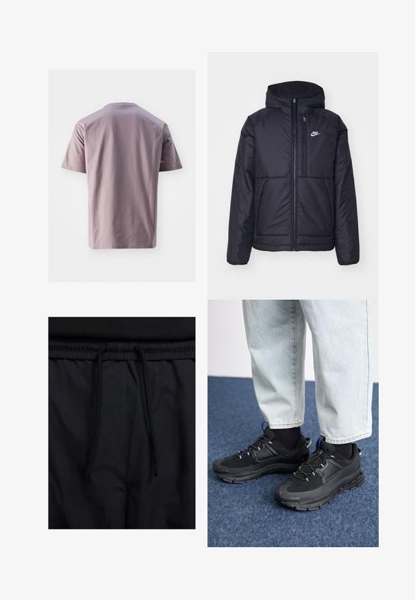 Czarna, pikowana kurtka Nike z przednim zamkiem błyskawicznym i kapturem. Posiada białe logo po lewej stronie klatki piersiowej oraz podwójne kieszenie z przodu. Gładka struktura zewnętrzna.; Koszulka z krótkim rękawem, z okrągłym dekoltem, w miękkim lawendowym kolorze z bawełny o gładkiej teksturze. Prosty dół i minimalistyczny design, bez widocznych logo ani wzorów.; Czarne szorty z elastycznym paskiem na sznurku, lekkiego materiału o gładkiej fakturze oraz prostym wzornictwie bez widocznych logo czy wzorów.; Czarne buty sportowe z teksturowanej tkaniny i gumowymi podeszwami, z elastycznymi sznurówkami i niebieskim akcentem na pięcie. Noszone z jasnymi dżinsami.