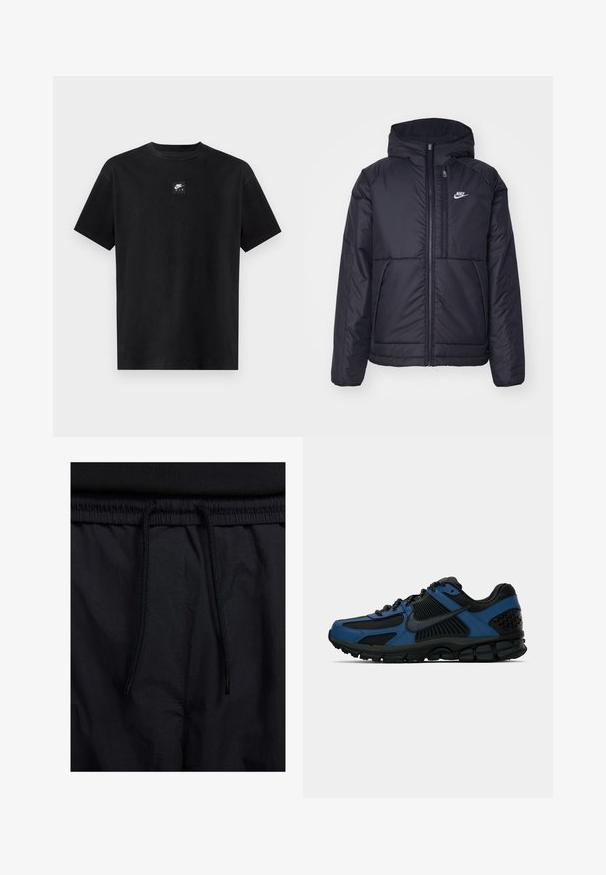 Juodas, paminkštintas Nike džemperis su priekyje užtrauktuku ir gobtuvu. Pasižymi balta logo kairėje krūtinės pusėje ir dviem priekinėmis kišenėmis. Su lygiu išoriniu paviršiumi.; Juodas medvilninis marškinėlis su apvaliu kaklu, trumpomis rankovėmis ir mažuoju kvadratiniu Nike Air logotipu ant krūtinės, turintis lygų paviršių.; Juodos šortai su raišteliu juosmens srityje, lengva medžiaga su lygiu paviršiumi ir paprastas dizainas be matomų logotipų ar raštų.; Juodas ir mėlynas žemas sportinis batelis su tekstūruota padanga, tinklu ir sintetine viršutine dalimi, bei juoda „Nike“ žymė šone.