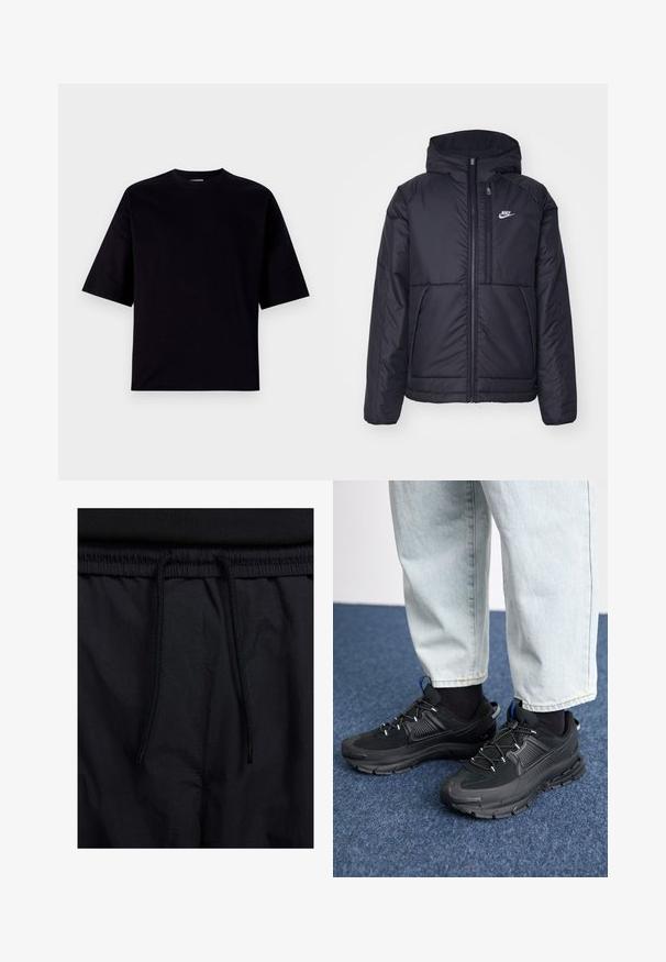 Giacca Nike nera, imbottita, con zip frontale e cappuccio. Presenta un logo bianco sul lato sinistro del petto e doppie tasche frontali. Texture esterna liscia.; T-shirt nera a maniche corte in cotone. Presenta un collo a giro e una vestibilità ampia, con una texture liscia e senza ombretti o decorazioni.; Shorts neri con vita regolabile tramite coulisse, tessuto leggero con una texture liscia e un design semplice senza loghi o motivi visibili.; Scarpe sportive nere con tessuto testurizzato e suole in gomma, dotate di lacci elastici e un accento blu sul tallone. Indossate con pantaloni in denim chiaro.
