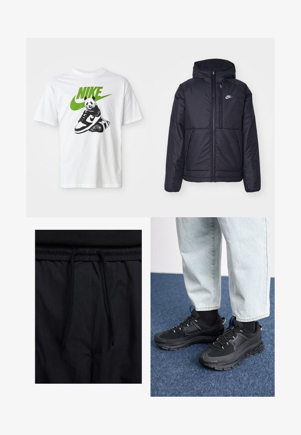 Casaco Nike preto, acolchoado, com fecho à frente e capuz. Apresenta um logo branco no lado esquerdo do peito e dois bolsos frontais. Textura exterior lisa.; T-shirt branca de algodão com uma ilustração em preto e branco de um panda segurando um tênis da Nike, com um logótipo da Nike em verde acima.; Calções pretos com um cós elástico ajustável, fabricados em tecido leve com uma textura suave e um design simples, sem logótipos ou padrões visíveis.; Sapatilhas desportivas pretas com tecido texturizado e solas em borracha, apresentando atacadores elásticos e um detalhe azul no calcanhar. Usadas com calças de ganga claras.
