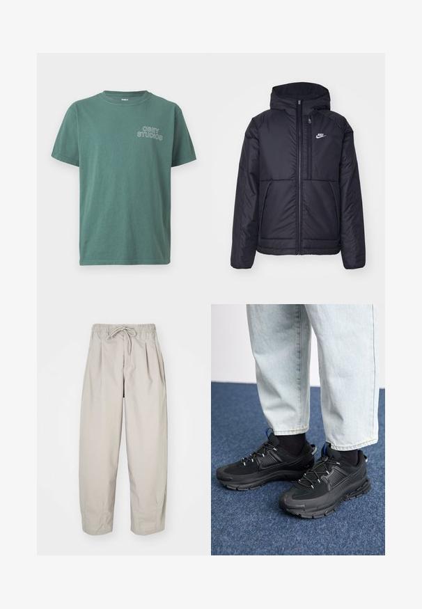 Svart, polstret Nike-jakke med frontglidelås og hette. Har en hvit logo på venstre bryst og doble frontlommer. Glatt ytterside.; Grønn bomull T-skjorte med rund hals, korte ermer, og en hvit "OBEY STUDIOS" logo på venstre bryst. Myk tekstur, casual design.; Beige, lette bukser med elastisk midje og snor. Har folder og løs passform, laget av myk og glatt stoff.; Svarte sportssko med teksturert stoff og gummisåler, med elastiske lisser og en blå detalj på hælen. Brukt med lyse denimbukser.