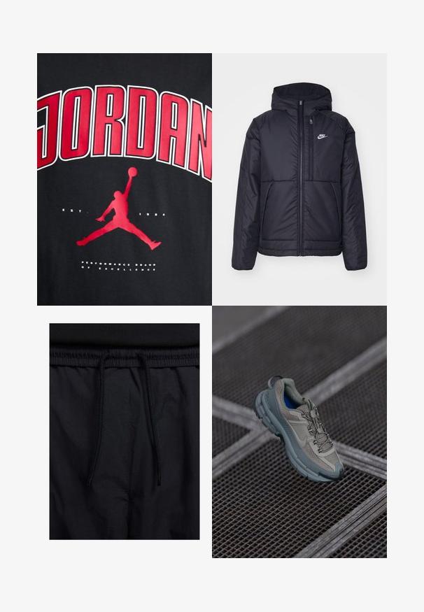Μαύρο, επενδυμένο μπουφάν Nike με μπροστινό φερμουάρ και κουκούλα. Διαθέτει λευκό λογότυπο στο αριστερό στήθος και διπλές μπροστινές τσέπες. Λείο εξωτερικό υλικό.; Μαύρη μπλούζα με έντονο κόκκινο κείμενο "JORDAN", σιλουέτα ενός πηδήματος και "EST. 1984" σε λευκό κάτω από το γραφικό.; Μαύρο σορτσάκι με ζωνάκι που ρυθμίζεται, ελαφρύ ύφασμα με απλή υφή και απλό σχέδιο χωρίς ορατά λογότυπα ή μοτίβα.; Πετρόλ και γκρι αθλητικό παπούτσι με υφασμάτινη επένδυση, στρογγυλή μύτη και καουτσουκέιν σόλα, διαθέτοντας κορδόνια και μαξιλαρωμένη περιφέρεια.